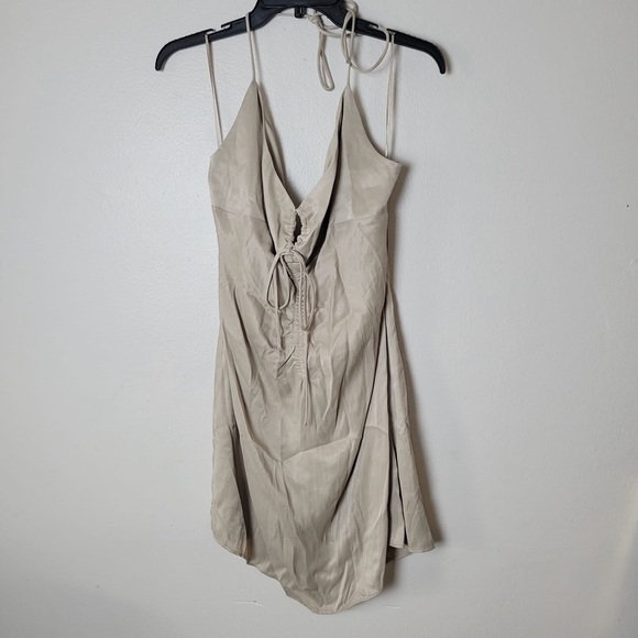 ZARA Ruched Mini Dress Soft Gold Tan | 2298/155 size XLarge Short Tie Neck - Picture 2 of 15